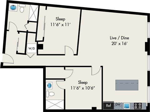 Floor plan for 2 beds, 2 baths, 1142 sqft